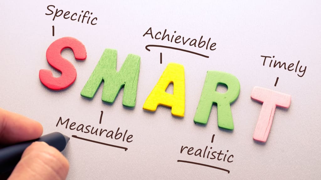 Colorful letters spelling "SMART" on a whiteboard. Each letter is labeled: Specific, Measurable, Achievable, Realistic, and Timely. A hand holds a marker nearby.